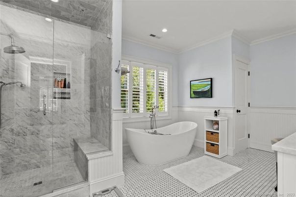 Bathroom, Free Standing Baths, Glass Shower, Interior, Marble Walls, Recessed Lighting