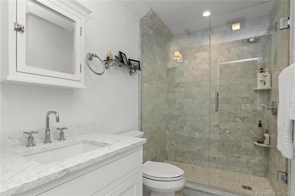 Bathroom, Glass Shower, Interior, Marble Walls, Recessed Lighting