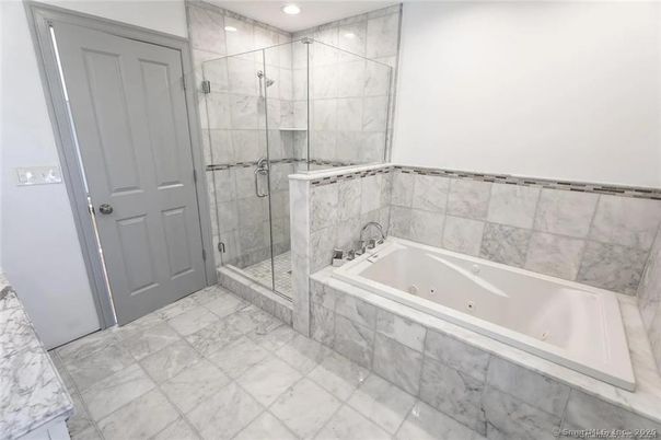 Bathroom, Glass Shower, Interior, Marble, Marble Walls, Recessed Lighting