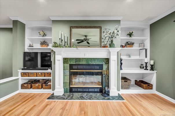 Fireplace, Interior, Recessed Lighting, Wood Texture Flooring