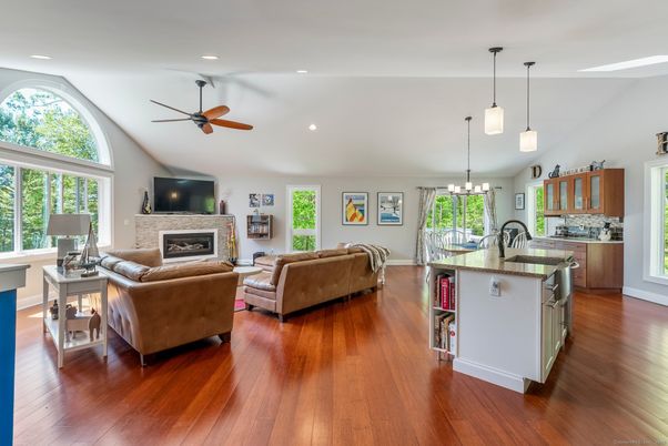 Fireplace, Interior, Kitchen, Living room, Pendant Lights, Recessed Lighting, Wood Texture Flooring
