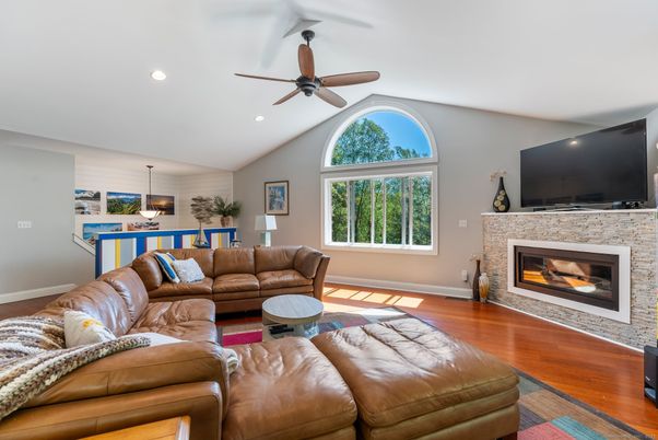 Fireplace, Interior, Living room, Recessed Lighting, Wood Texture Flooring