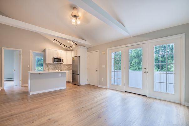 Empty room, Interior, Kitchen, Stainless Steel Appliances, Wood Texture Flooring