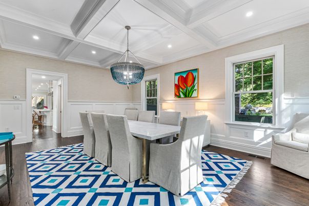 Dining room, Interior, Pendant Lights, Recessed Lighting, Wood Texture Flooring