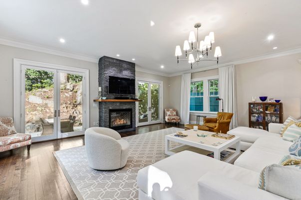 Chandelier, Fireplace, Interior, Living room, Recessed Lighting, Wood Texture Flooring