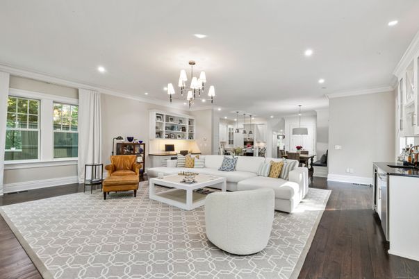 Chandelier, Dining room, Interior, Kitchen, Living room, Pendant Lights, Recessed Lighting, Wood Texture Flooring