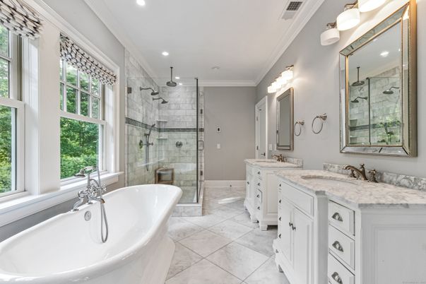 Bathroom, Dual Sink Vanities, Free Standing Baths, Glass Shower, Interior, Recessed Lighting