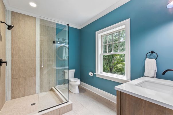 Bathroom, Glass Shower, Interior, Recessed Lighting