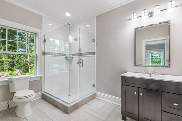 Bathroom, Glass Shower, Interior, Recessed Lighting