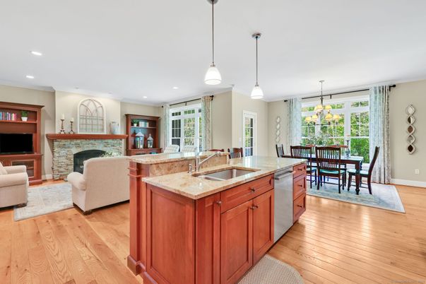 Dining room, Fireplace, Interior, Kitchen, Living room, Pendant Lights, Recessed Lighting, Wood Texture Flooring