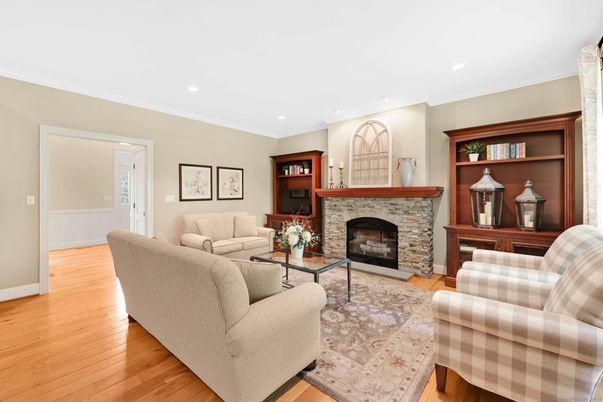 Fireplace, Interior, Living room, Recessed Lighting, Wood Texture Flooring