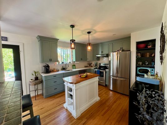 Interior, Kitchen, Pendant Lights, Stainless Steel Appliances, Wood Texture Flooring