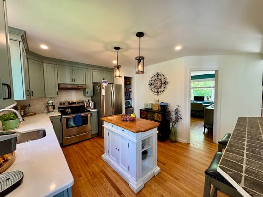 Interior, Kitchen, Pendant Lights, Recessed Lighting, Stainless Steel Appliances, Wood Texture Flooring