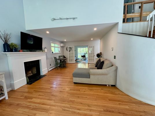 Fireplace, Interior, Living room, Recessed Lighting, Wood Texture Flooring