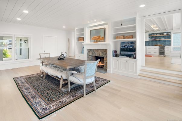 Dining room, Fireplace, Interior, Recessed Lighting, Wood Texture Flooring