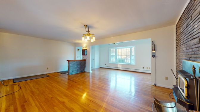 Empty room, Interior, Pendant Lights, Stone Walls, Wood Texture Flooring