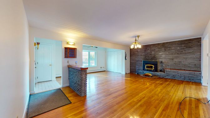 Empty room, Fireplace, Interior, Stone Walls, Wood Texture Flooring