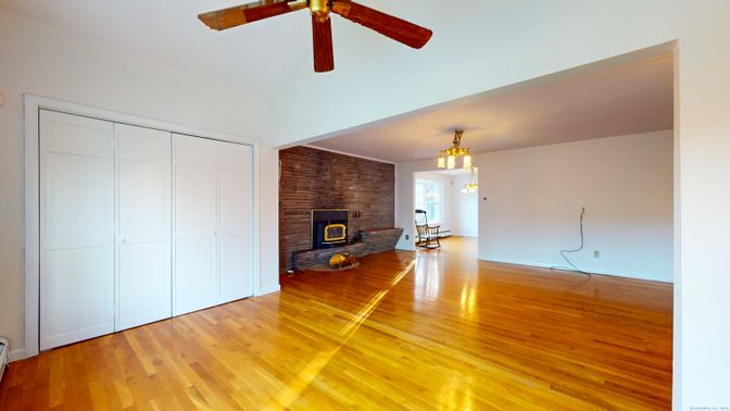 Empty room, Fireplace, Interior, Stone Walls, Wood Texture Flooring