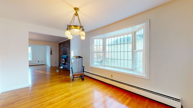 Empty room, Fireplace, Interior, Pendant Lights, Wood Texture Flooring