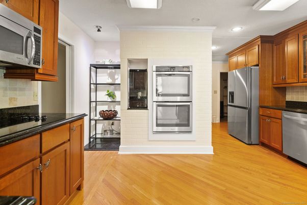 Interior, Kitchen, Recessed Lighting, Stainless Steel Appliances, Wood Texture Flooring
