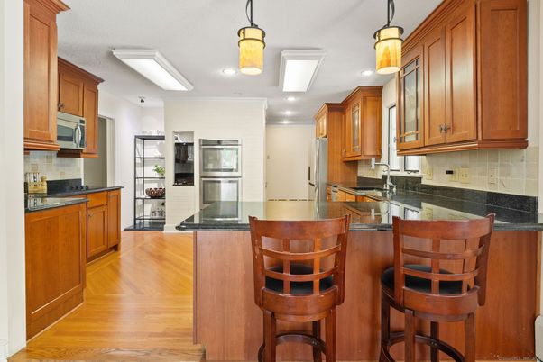 Interior, Kitchen, Pendant Lights, Recessed Lighting, Stainless Steel Appliances, Wood Texture Flooring