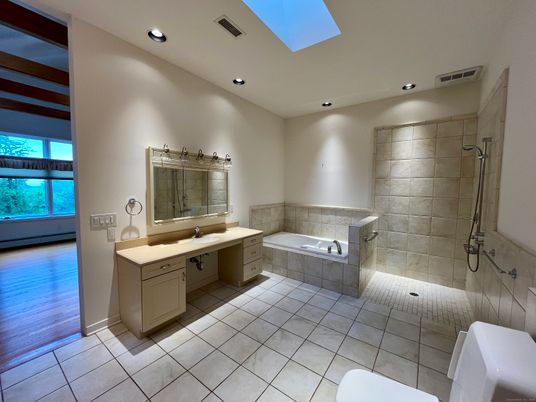 Bathroom, Dual Sink Vanities, Interior, Recessed Lighting, Wood Texture Flooring