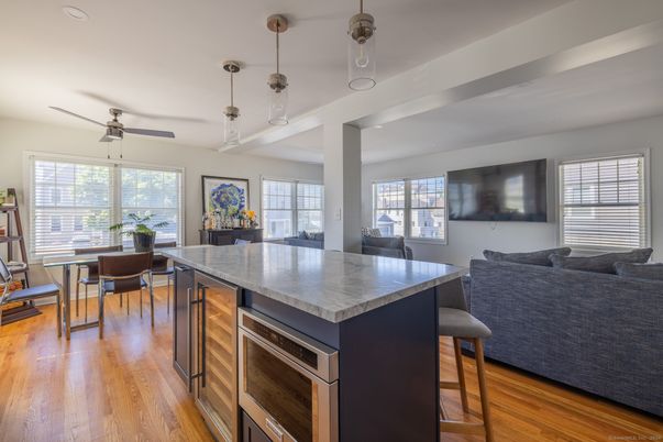 Dining room, Interior, Kitchen, Pendant Lights, Recessed Lighting, Wood Texture Flooring
