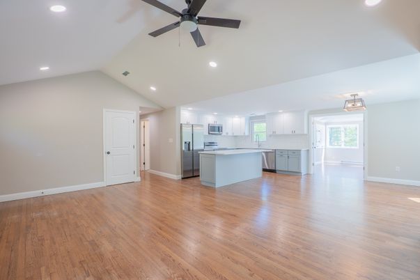 Empty room, Interior, Kitchen, Recessed Lighting, Wood Texture Flooring