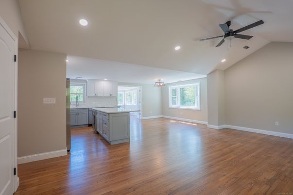 Empty room, Interior, Kitchen, Recessed Lighting, Wood Texture Flooring