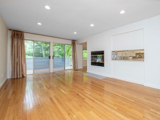 Empty room, Fireplace, Interior, Recessed Lighting, Wood Texture Flooring