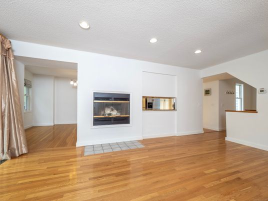 Empty room, Fireplace, Interior, Recessed Lighting, Wood Texture Flooring