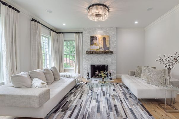 Chandelier, Fireplace, Interior, Living room, Recessed Lighting, Wood Texture Flooring