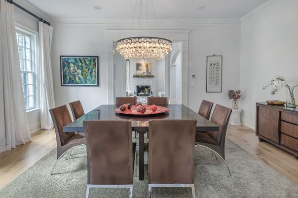 Chandelier, Dining room, Fireplace, Interior, Wood Texture Flooring