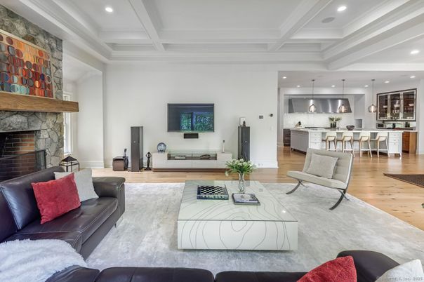 Fireplace, Interior, Kitchen, Living room, Pendant Lights, Recessed Lighting, Wood Texture Flooring