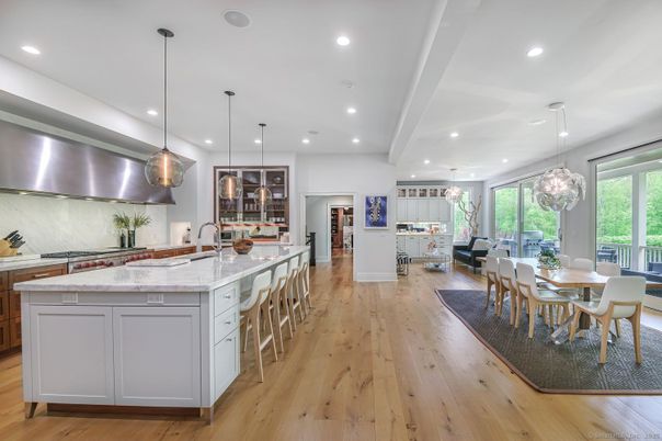 Dining room, Interior, Kitchen, Pendant Lights, Recessed Lighting, Wood Texture Flooring