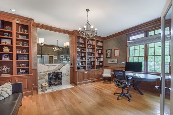 Chandelier, Fireplace, Home Office, Interior, Recessed Lighting, Wood Texture Flooring