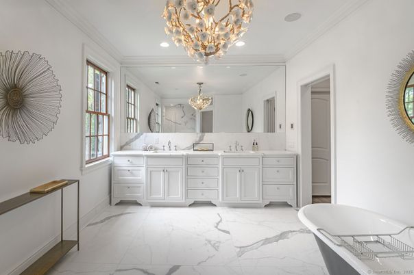 Bathroom, Chandelier, Dual Sink Vanities, Interior, Marble, Recessed Lighting