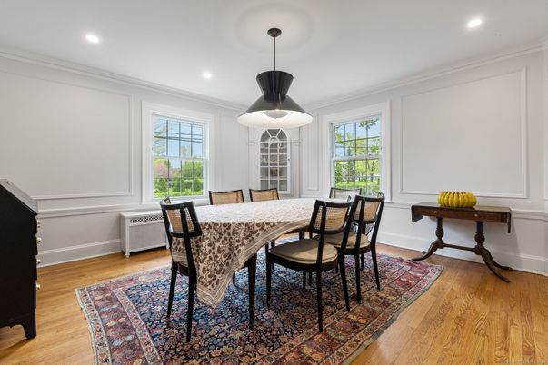 Dining room, Interior, Pendant Lights, Recessed Lighting, Wood Texture Flooring