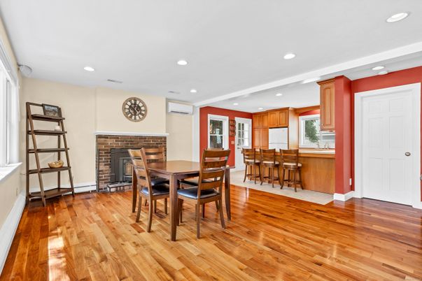 Dining room, Fireplace, Interior, Kitchen, Recessed Lighting, Wood Texture Flooring