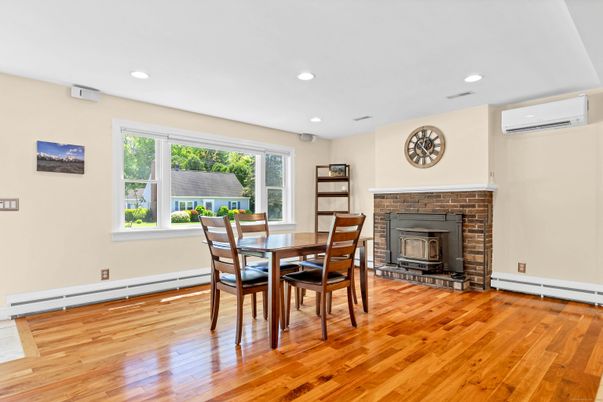 Dining room, Fireplace, Interior, Recessed Lighting, Wood Texture Flooring