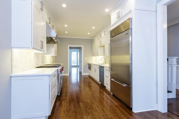 Interior, Kitchen, Recessed Lighting, Stainless Steel Appliances, Wood Texture Flooring