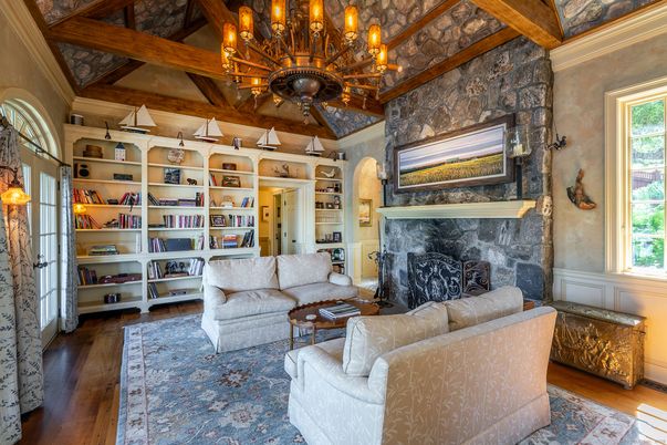 Chandelier, Fireplace, Interior, Living room, Wooden Beams, Wood Texture Flooring