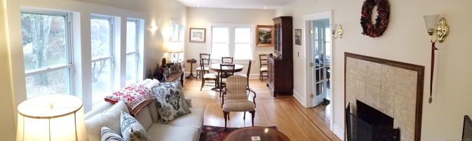 Dining room, Fireplace, Interior, Living room, Recessed Lighting, Wood Texture Flooring