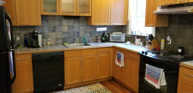 Interior, Kitchen, Tile Countertops, Wood Texture Flooring