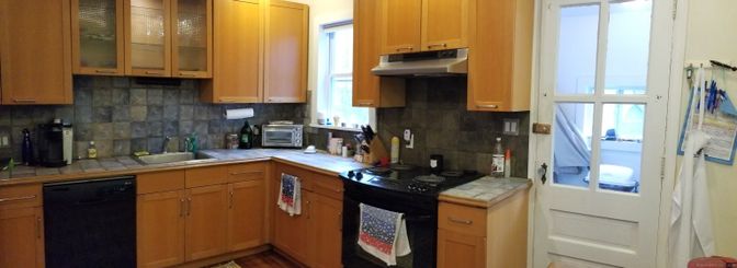 Interior, Kitchen, Tile Countertops, Wood Texture Flooring
