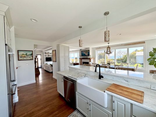 Dining room, Fireplace, Interior, Kitchen, Living room, Pendant Lights, Recessed Lighting, Stainless Steel Appliances, Wood Texture Flooring