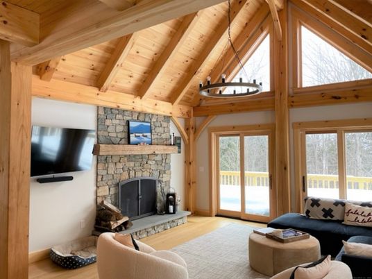 Fireplace, Interior, Living room, Pendant Lights, Stone Walls, Wooden Beams, Wooden Ceilings, Wood Texture Flooring