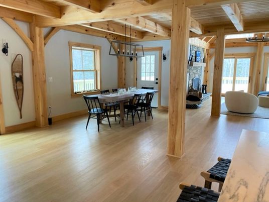 Dining room, Fireplace, Interior, Pendant Lights, Wooden Beams, Wooden Ceilings, Wood Texture Flooring