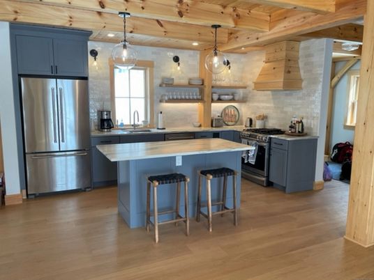 Interior, Kitchen, Pendant Lights, Stainless Steel Appliances, Wooden Beams, Wooden Ceilings, Wood Texture Flooring