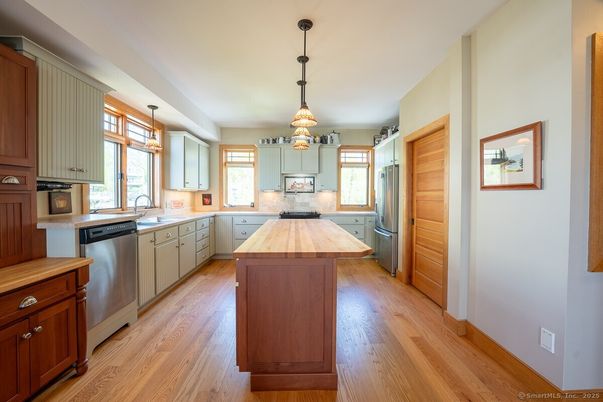 Interior, Kitchen, Pendant Lights, Stainless Steel Appliances, Wood Texture Flooring
